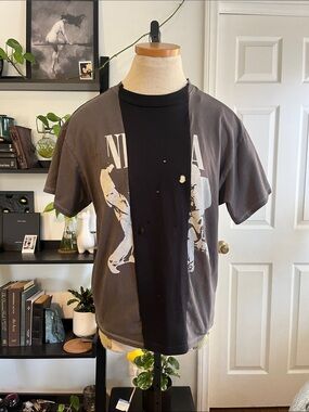 One of a Kind Black and Grey Distressed 2 Combined Tshirts womens size M Nirvana